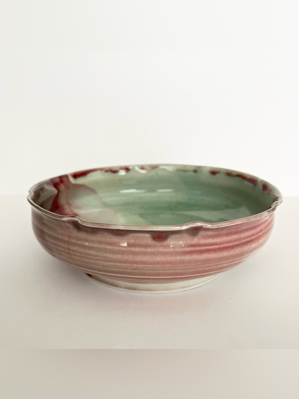Handcrafted Porcelain Footed Bowl Dish Ruffled Edge Burgundy Abstract Dramatic